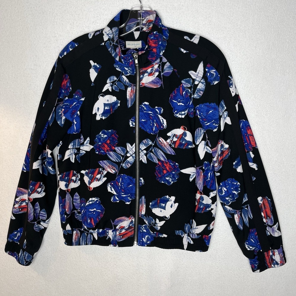 Belle & Sky Floral Bomber Jacket Coat M Black Blue Floral Travel Resort